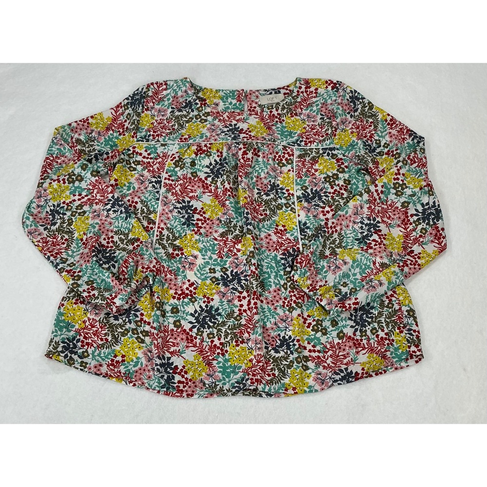 LOFT Outlet Womens Small Floral Long Sleeve Blouse Multi-Color Piping Detail